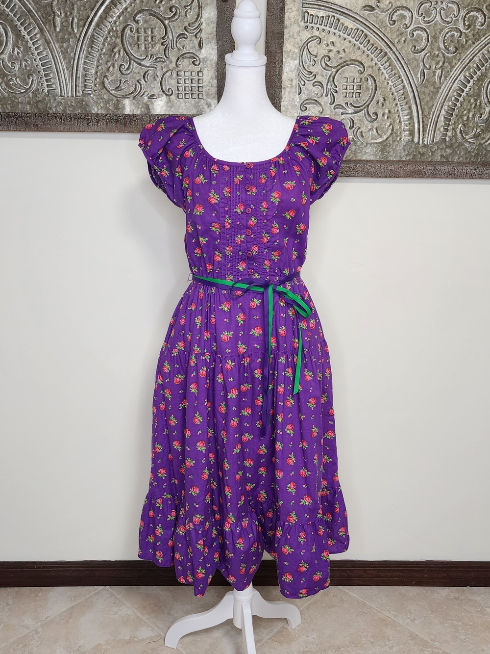 Vintage 70's Lanz Of Salzburg Purple Floral Cottagecore Ribbon Belted Dress Med